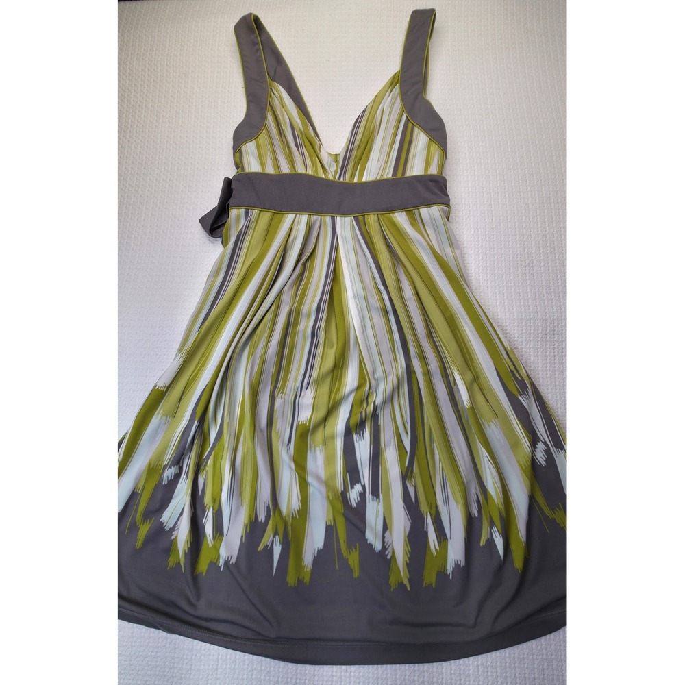 BCBGMAXAZRIA Dress Womens Large Green Grey Stripe V-Neck Empire Waist Tie Back L